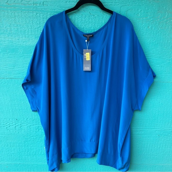 EILEEN FISHER 100% SILK BLUE FLOWY CREPE DE CHINE BLOUSE SIZE 3X NWT - Picture 1 of 6
